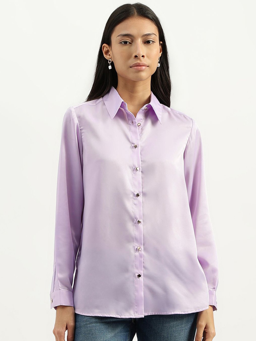 

United Colors of Benetton Women Spread Collar Solid Casual Shirt, Purple