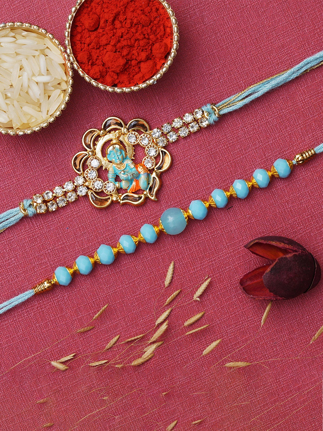 

eCraftIndia Set of 2 Kundan-Studded Designer Rakhis with Roli & Chawal, Gold