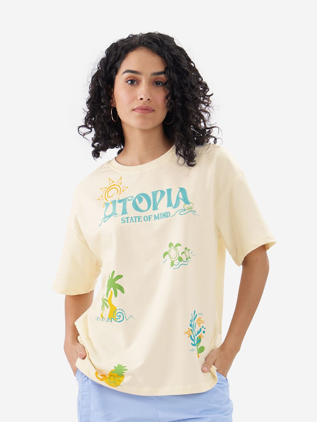 

The Souled Store Women Typography Printed Drop-Shoulder Sleeves T-shirt, Off white