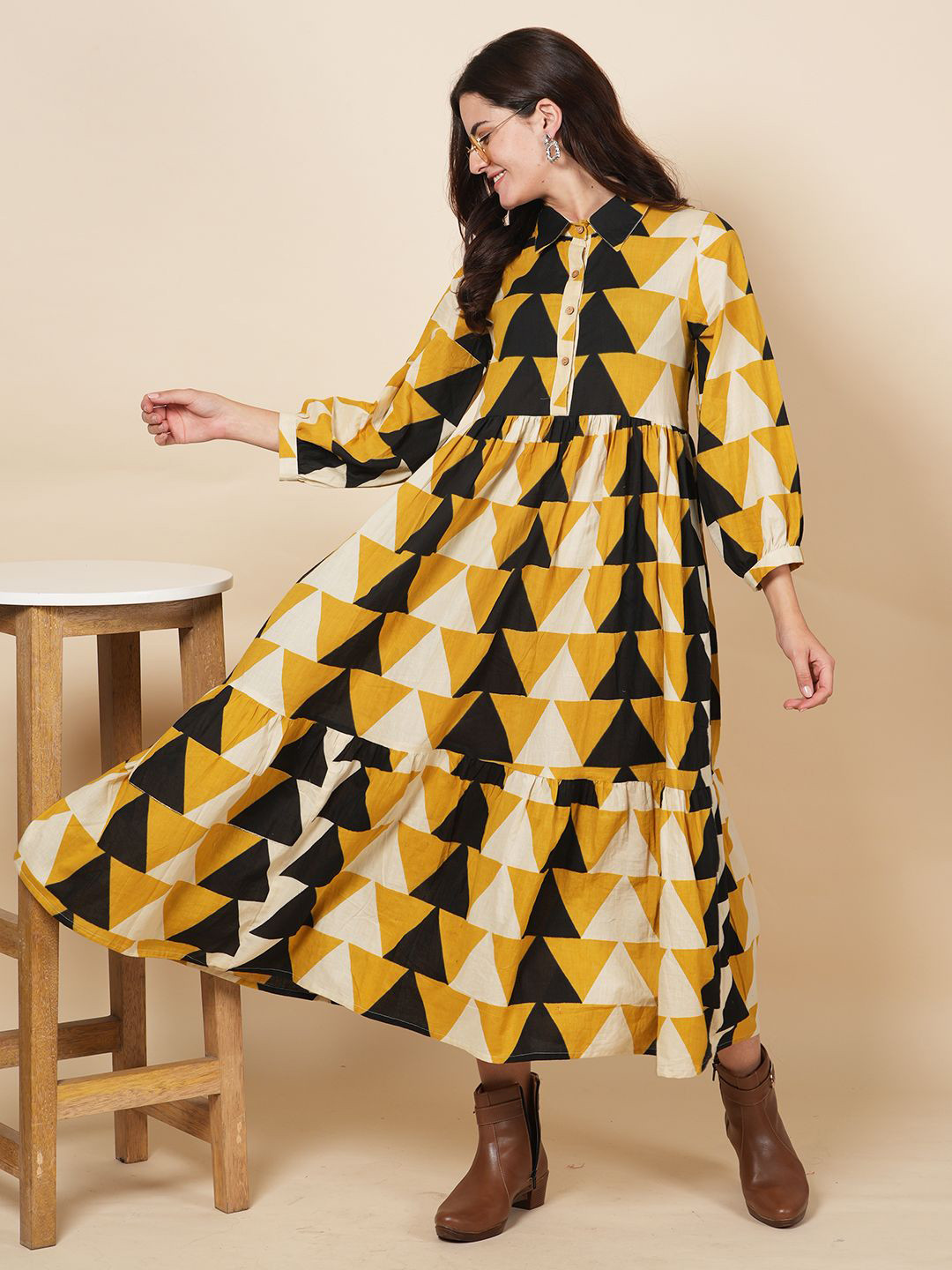 

LABEL KRISHA Women Printed Shirt Collar Puff Sleeves Maxi Dress, Mustard