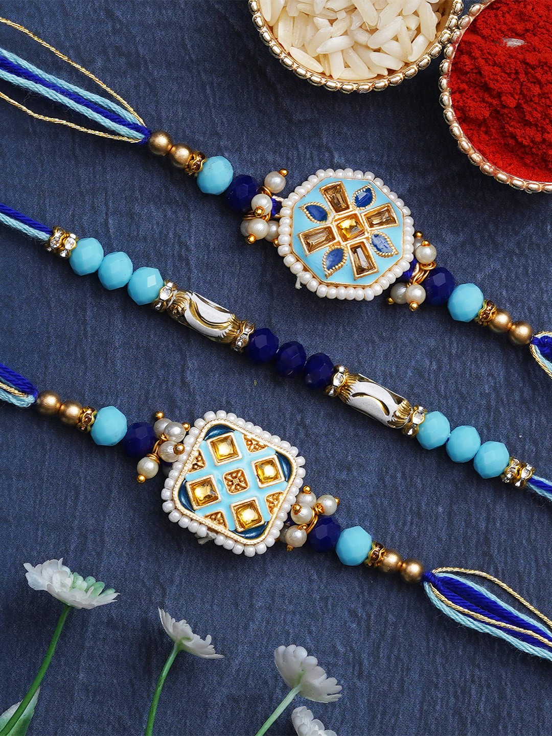 

eCraftIndia Set of 3 Kundan-Studded Designer Rakhis with Roli & Chawal, Blue