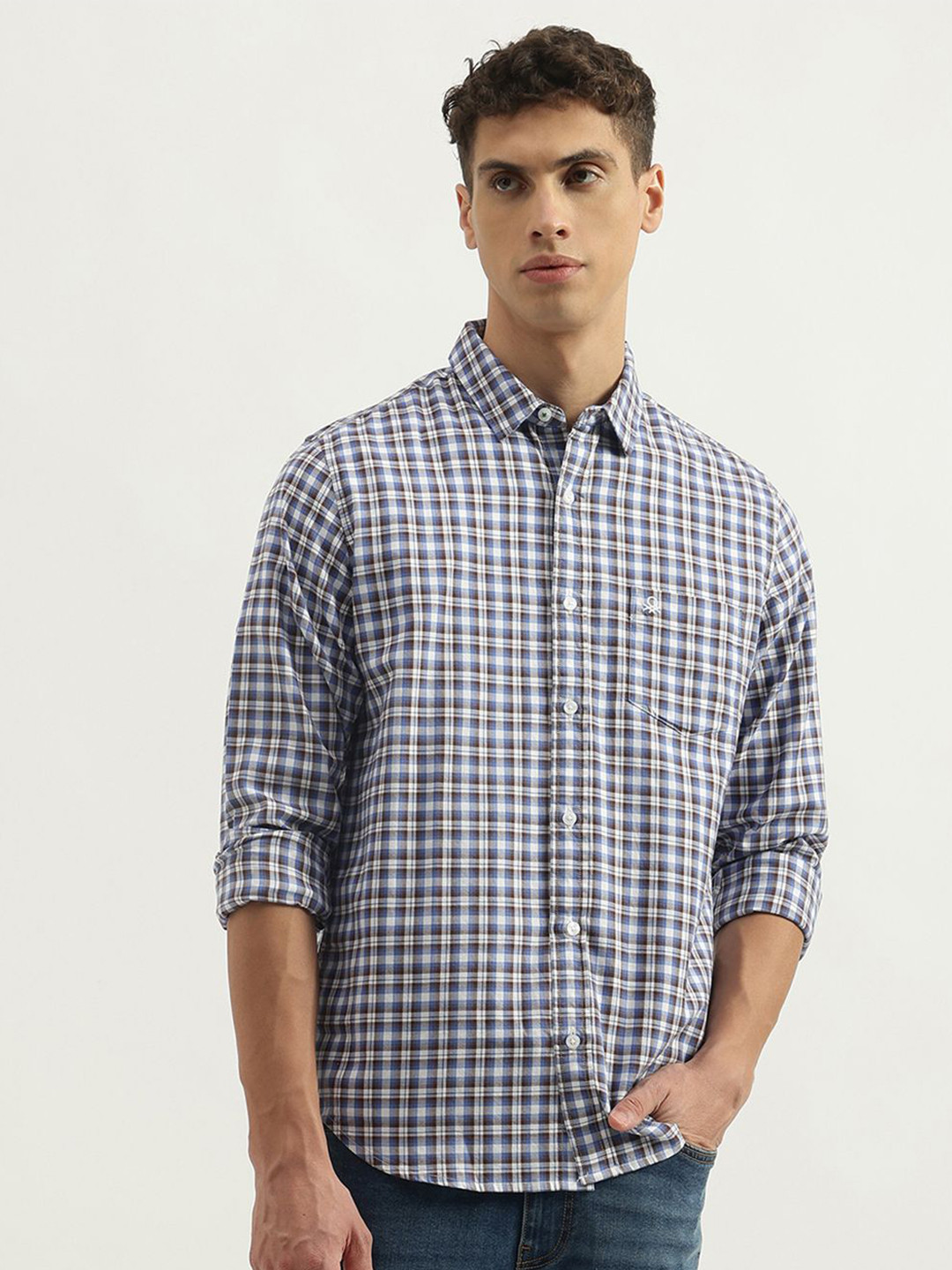 

United Colors of Benetton Men Spread Collar Checked Cotton Casual Shirt, Blue