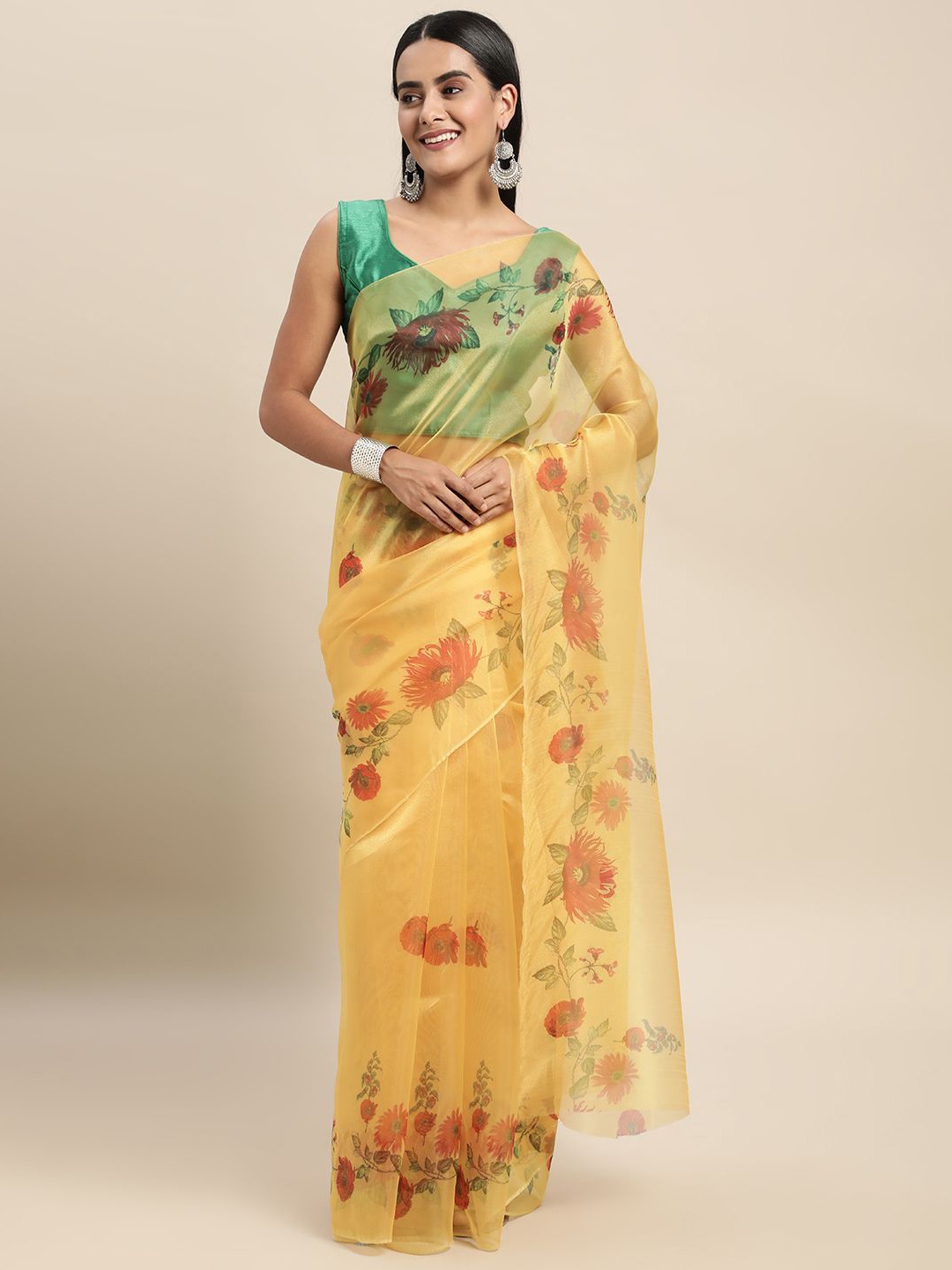 

KIMISHA Floral Printed Organza Saree, Yellow
