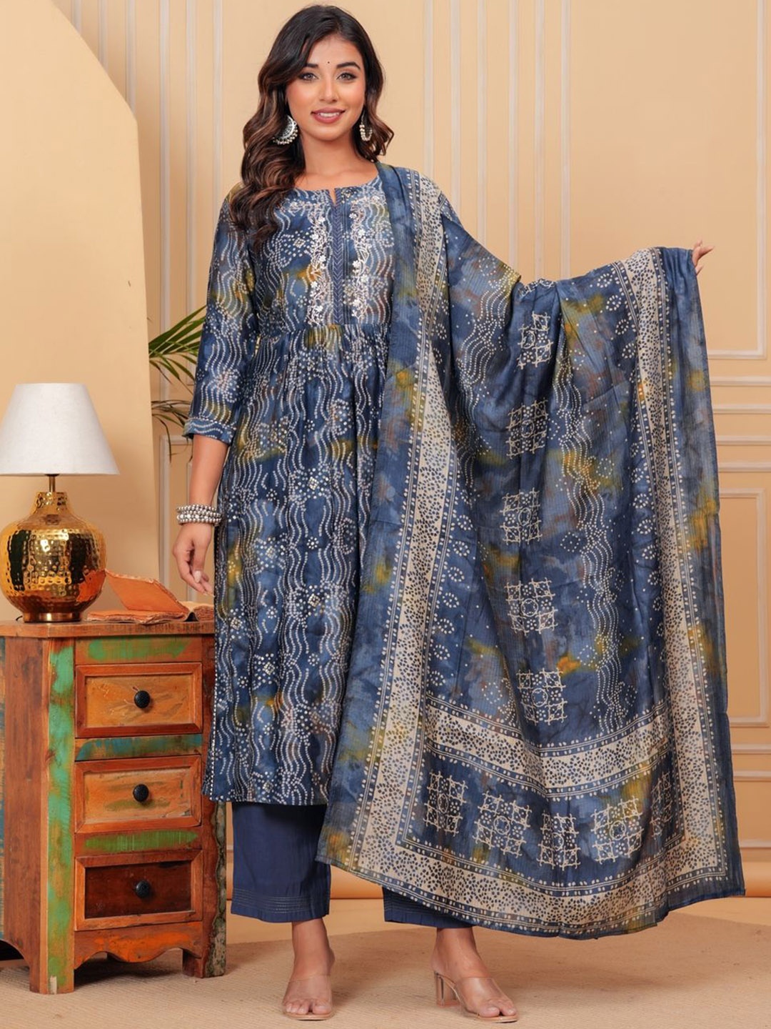 

KALINI Women Bandhani Printed Regular Thread Work Pure Silk Kurta with Trousers & With Dupatta, Blue
