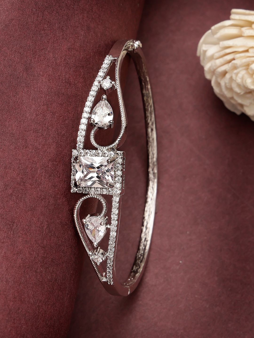 

ZENEME Rhodium-Plated American Diamond Studded Bangle-Style Bracelet, Silver