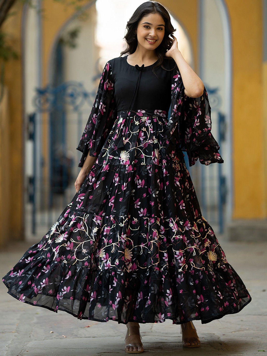 

ASPORA Floral Printed Maxi Ethnic Dresses, Black