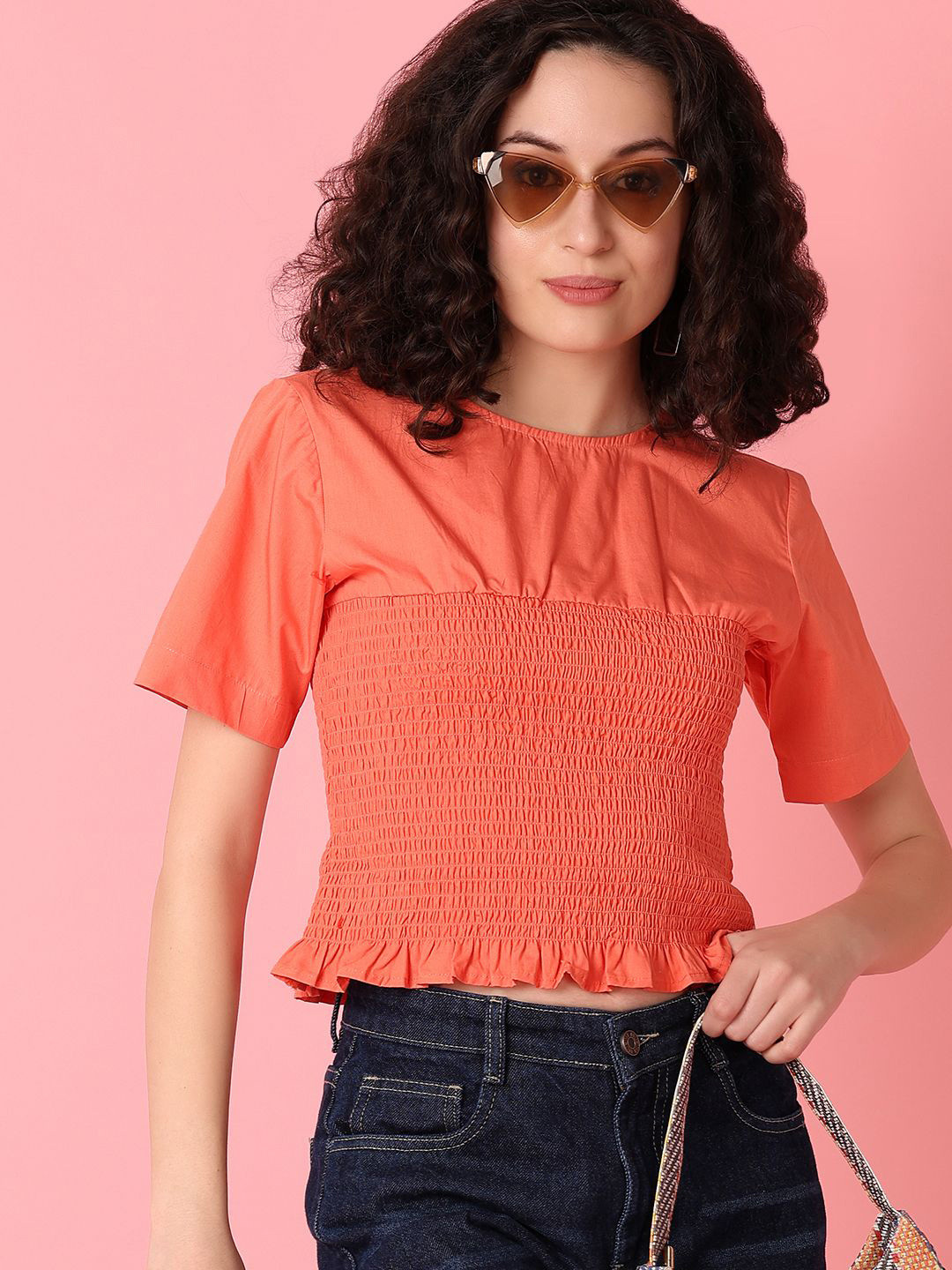 

UNLIMITED Women Solid Round Neck Cotton Top, Rust