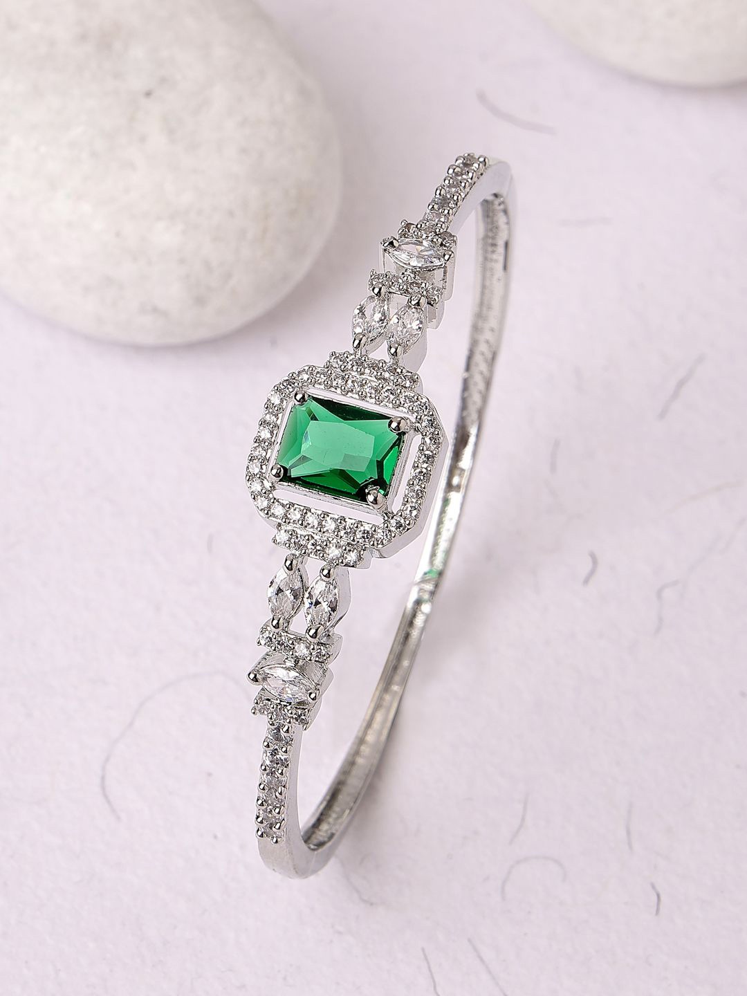 

ZENEME Rhodium Plated American Diamond Emerald Studded Bangle-Style Bracelet, Silver