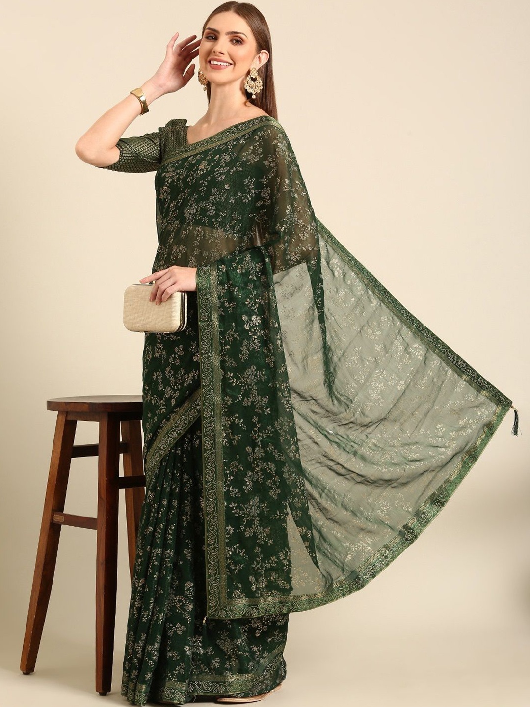 

all about you Floral Beads and Stones Saree, Green
