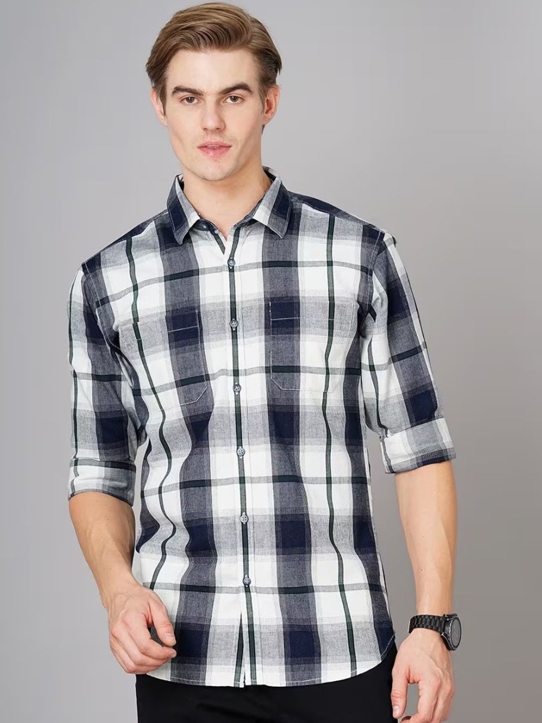 

British Club Men Smart Spread Collar Checked Cotton Slim Fit Casual Shirt, Navy blue