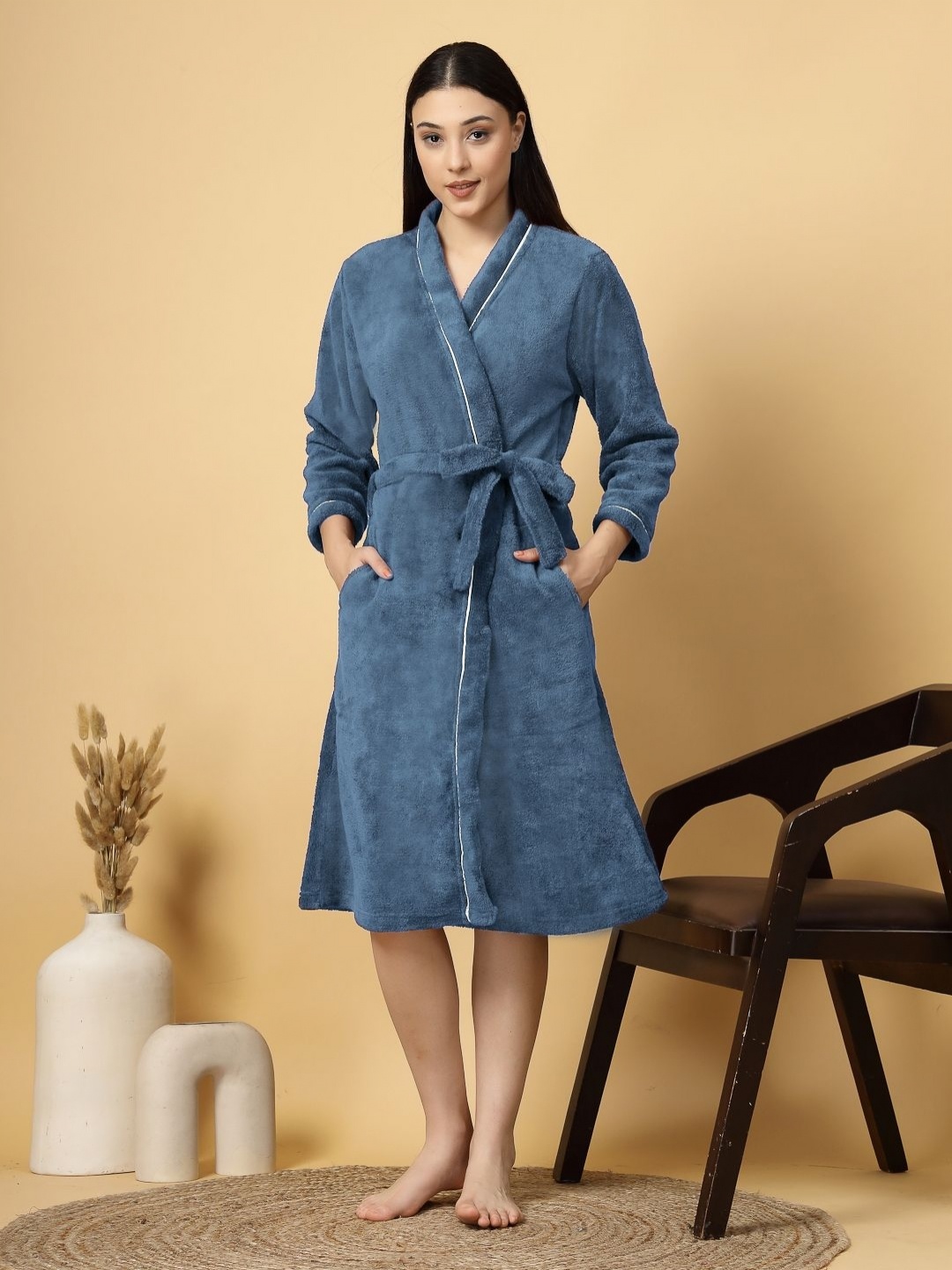 

FABINALIV Solid Cotton Bath Robe with Belt and 2 Cross Pockets, Blue