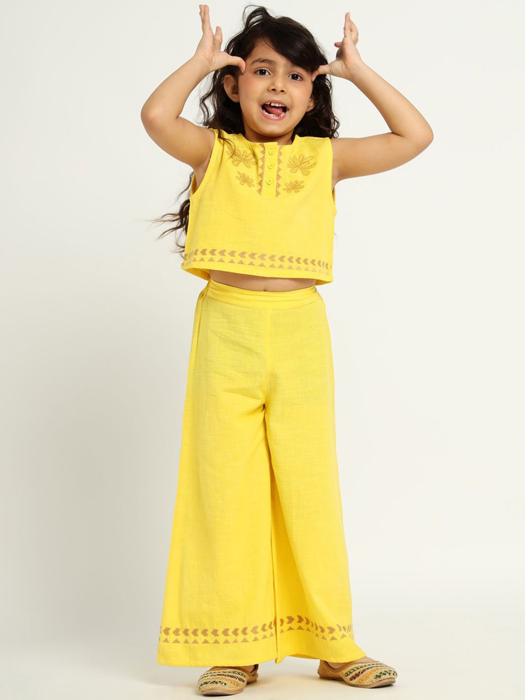 

Somersault Girls Round Neck Pure Cotton Top with Palazzos, Yellow