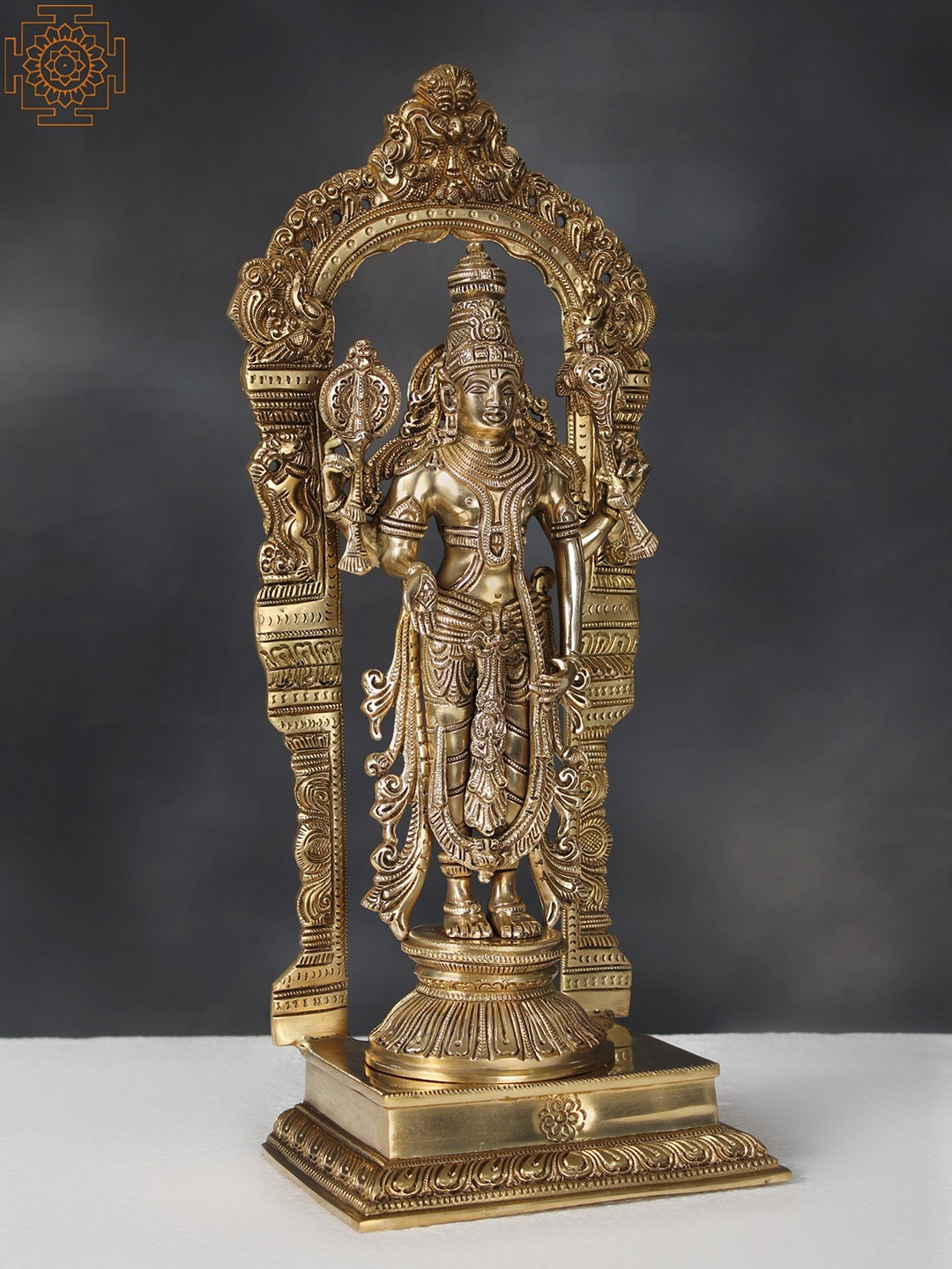 

Exotic India Gold-Toned Brass Standing Lord Vishnu With Kirtimukha Throne Idol Showpiece