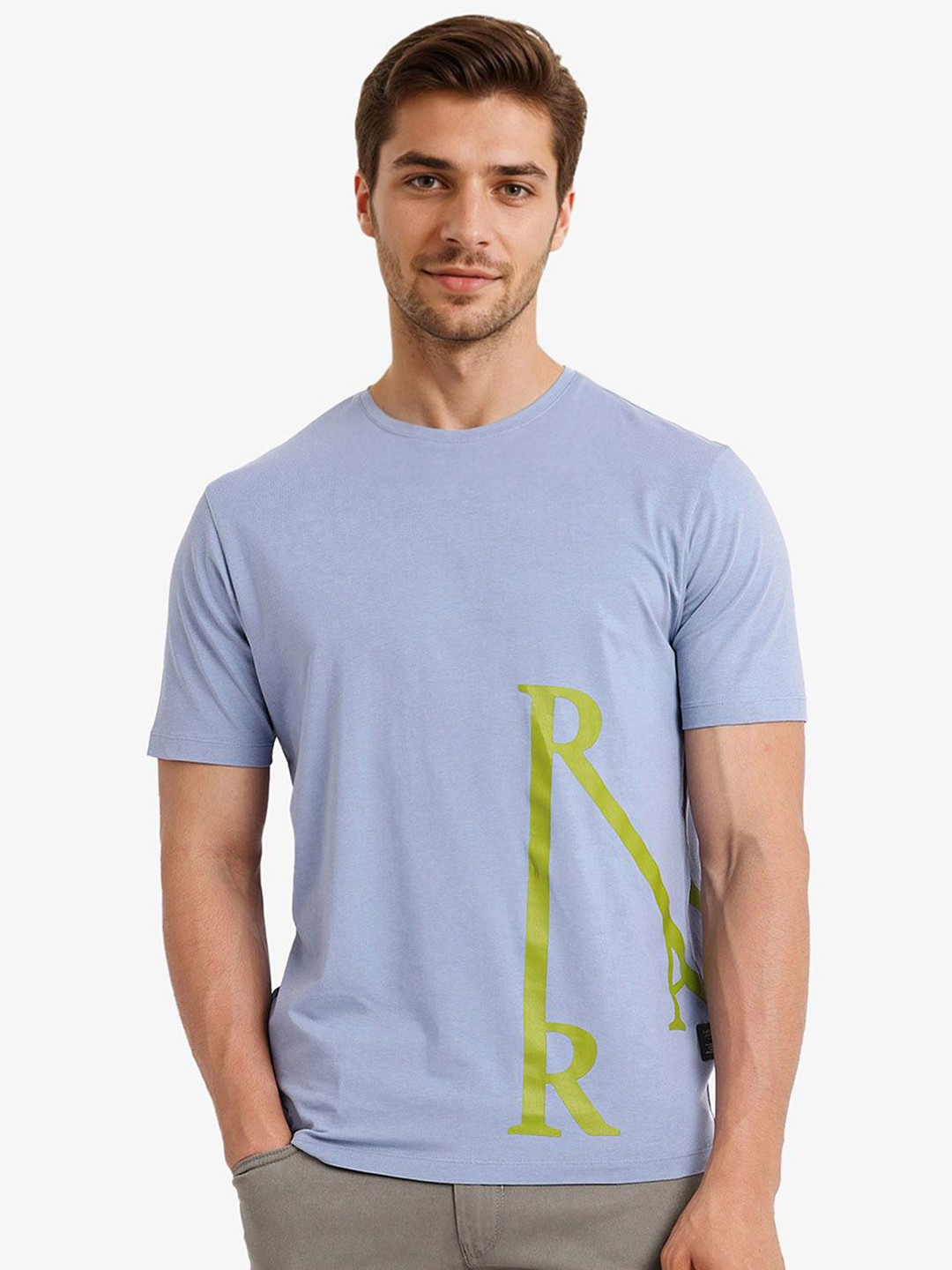 

RARE RABBIT Men Typography Printed V-Neck T-shirt, Blue