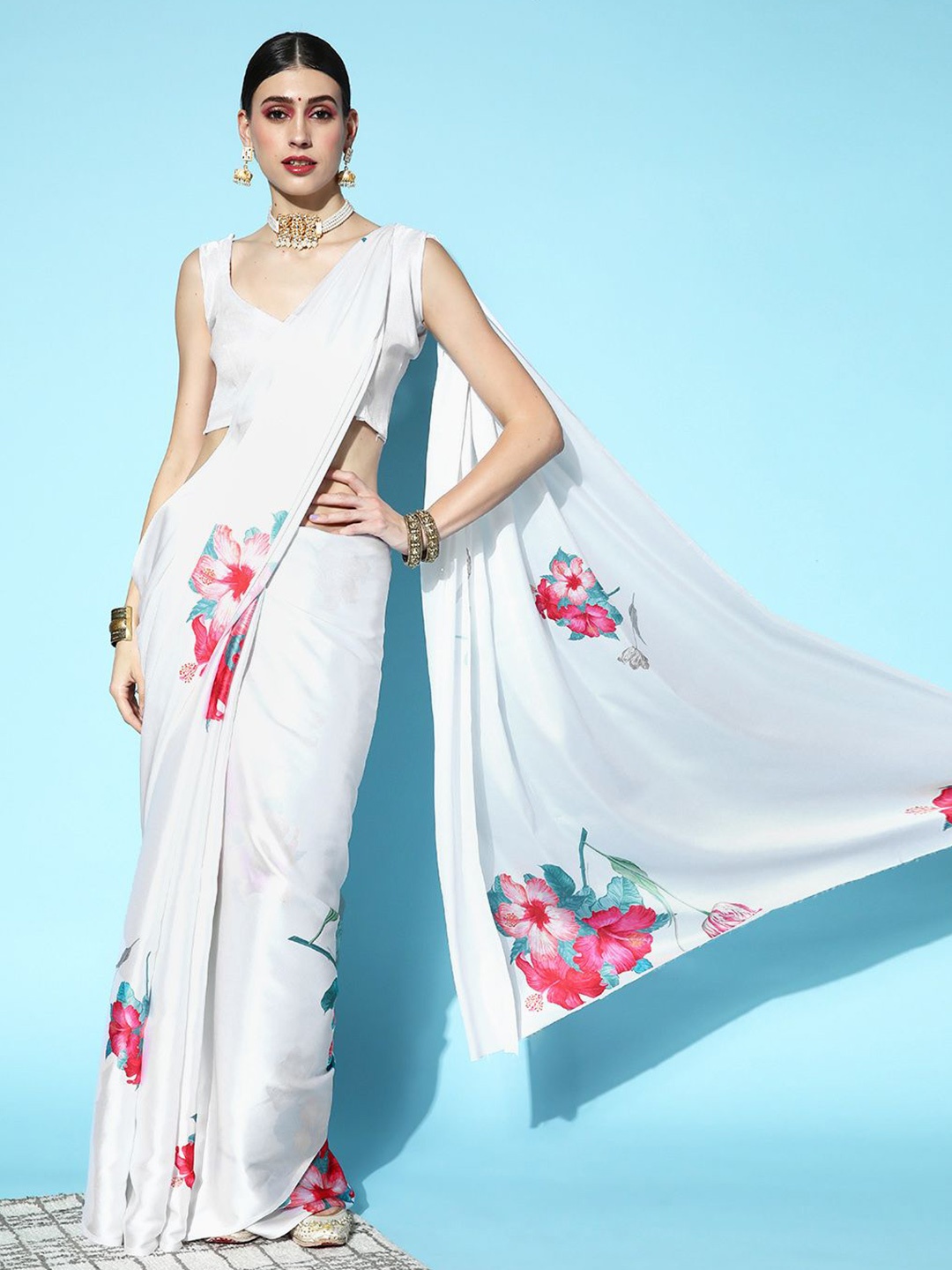 

KIMISHA Floral Satin Saree, White