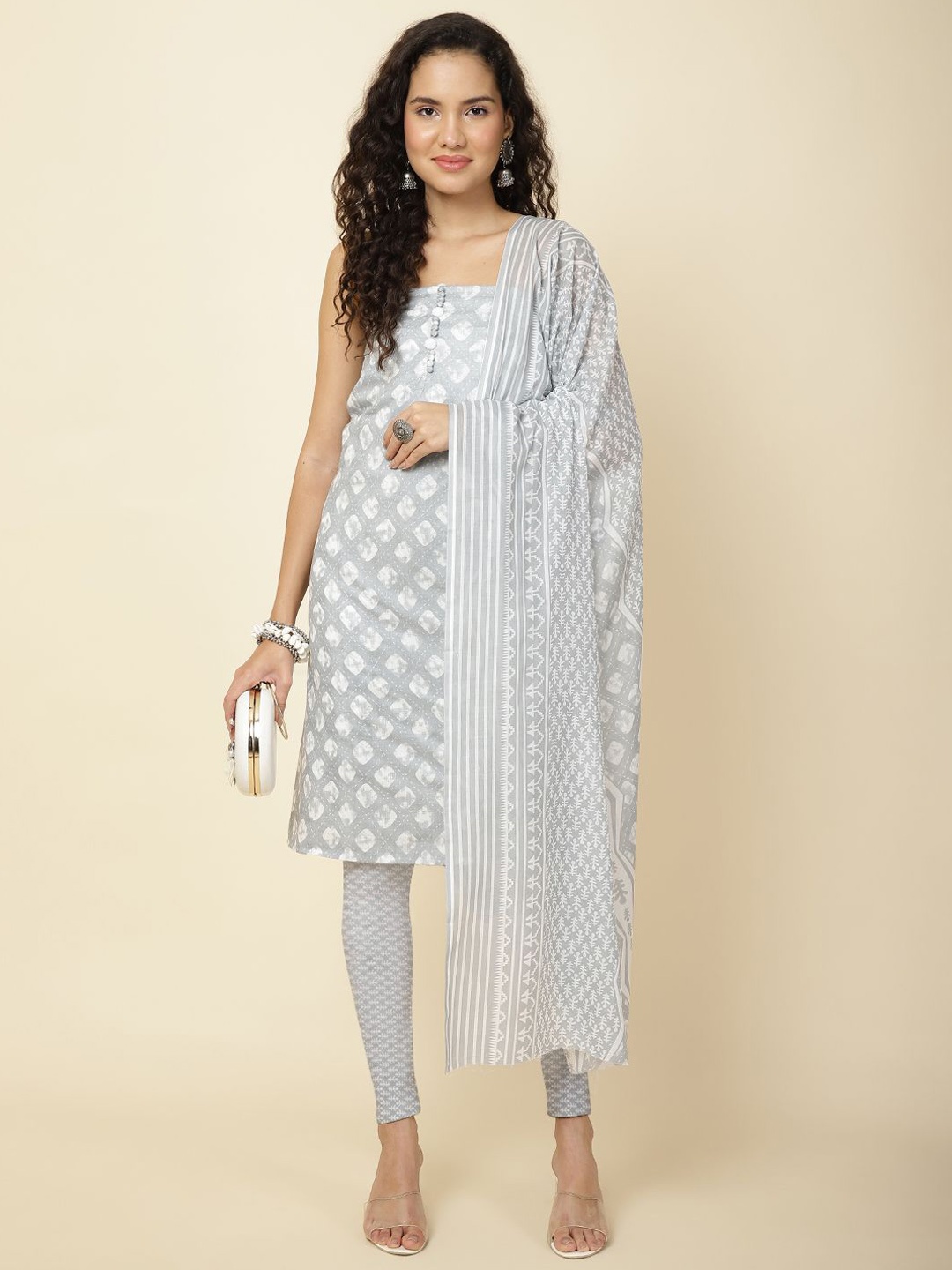 

Meena Bazaar Printed Unstitched Dress Material, Grey