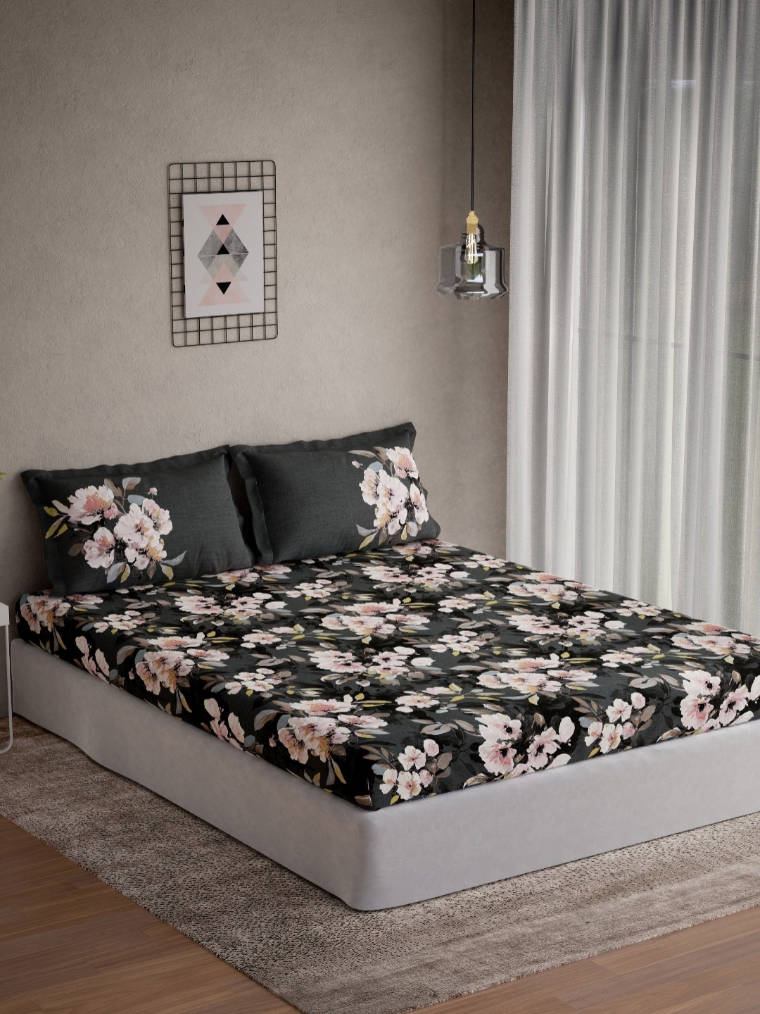 

DDecor Grey & Pink Floral 144 TC Queen Bedsheet with 2 Pillow Covers