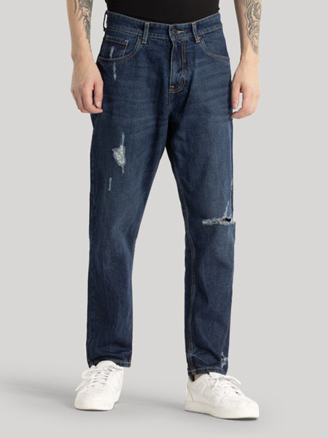

Snitch Men Loose Low Distress Light Fade Stretchable Jeans, Navy blue