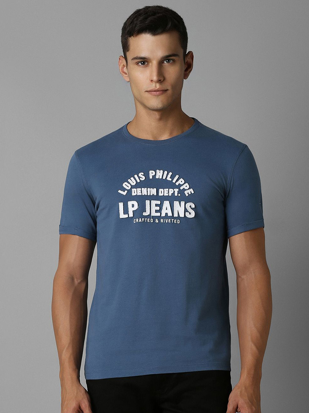

Louis Philippe Jeans Men Typography Printed Applique Slim Fit T-shirt, Blue