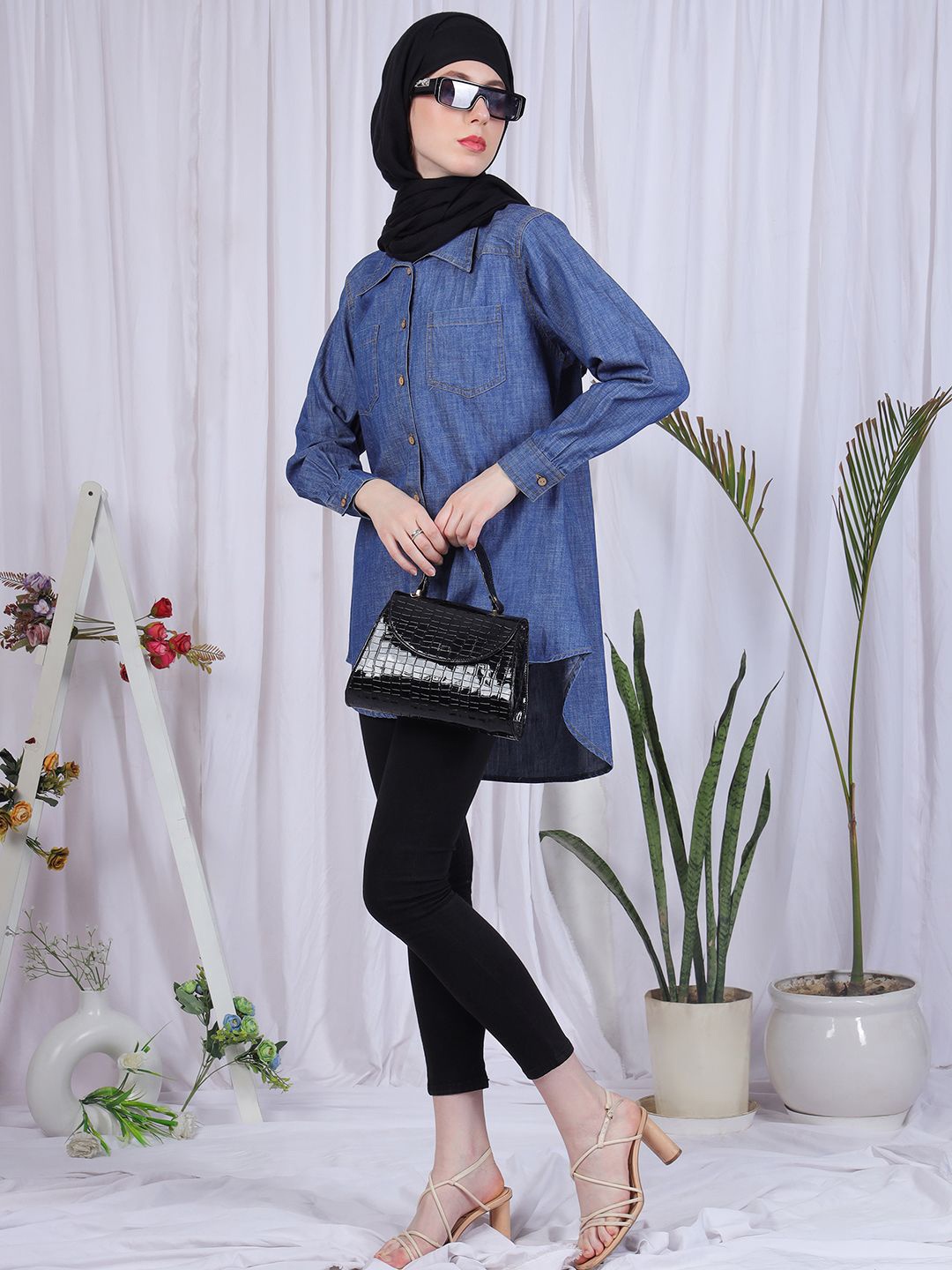 

NABIA Relaxed Fit High-Low Front Open Denim Shirt, Blue