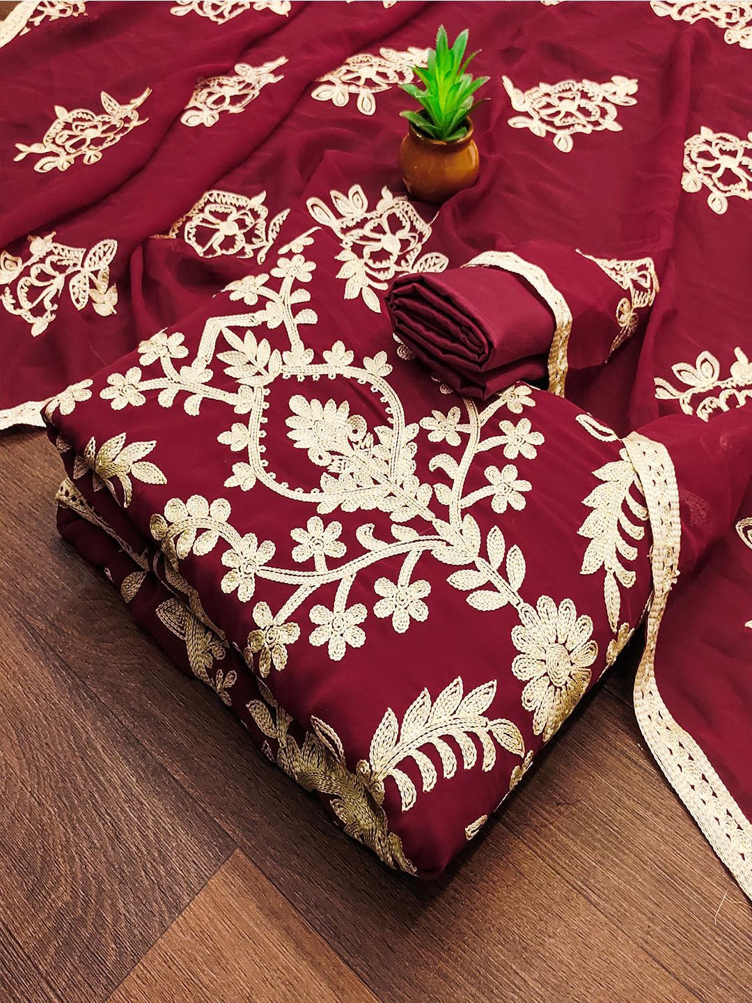 

Lilots Embroidered Unstitched Dress Material, Maroon