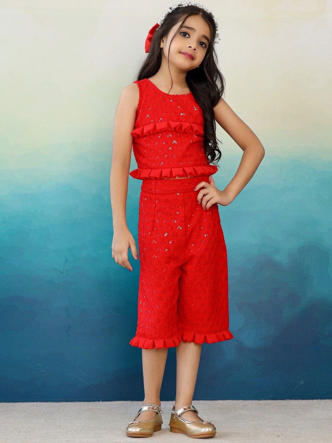 

Futra Gabha Girls Embellished Top with Capris, Red