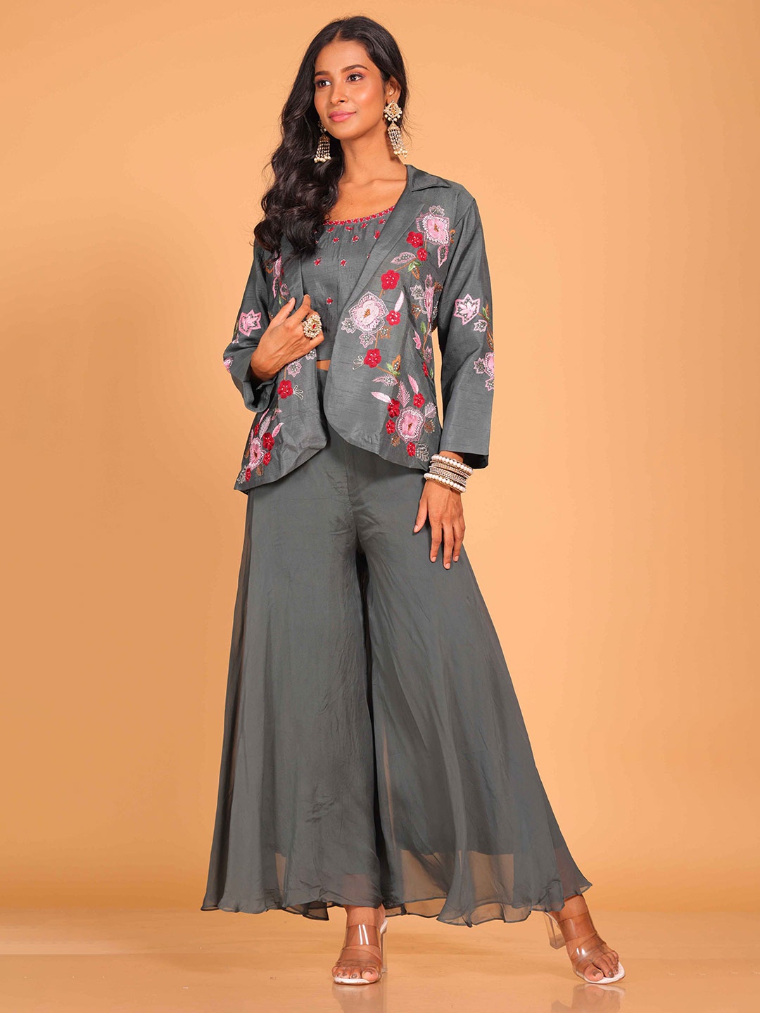 

Morchari Embroidered Top With Palazzo & Jacket, Grey