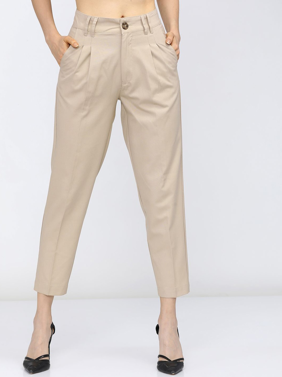 

Tokyo Talkies Women Tapered Fit Pleated Trousers, Beige