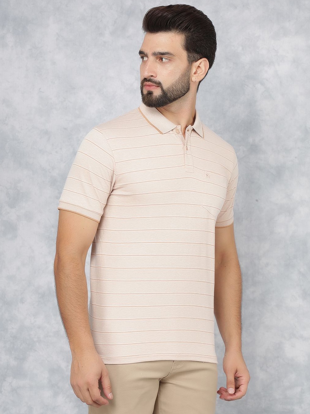

Crimsoune Club Men Striped Polo Collar Extended Sleeves Pockets Slim Fit T-shirt, Peach