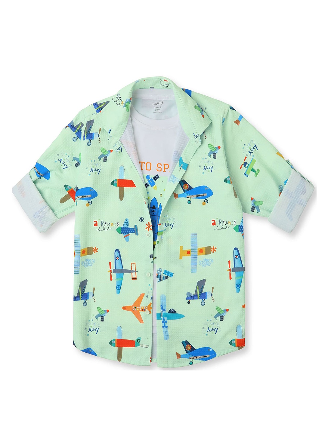 

CAVIO Boys Spread Collar Conversational Printed Cotton Casual Shirts & T-Shirt, Sea green