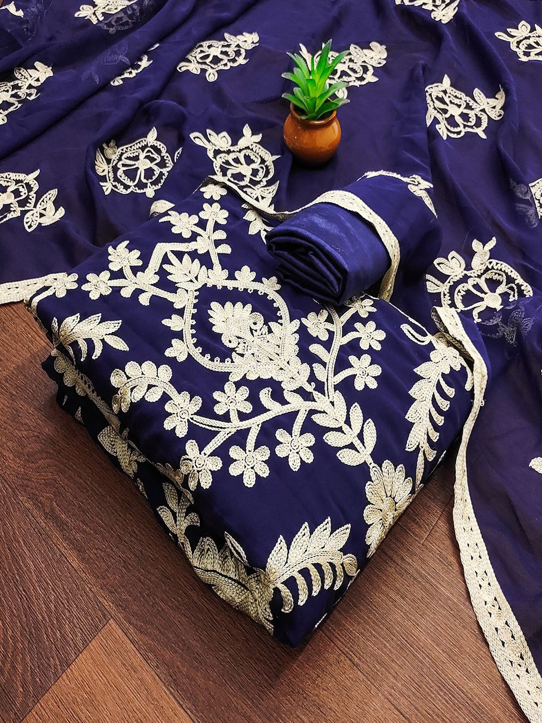 

Lilots Embroidered Unstitched Dress Material, Blue