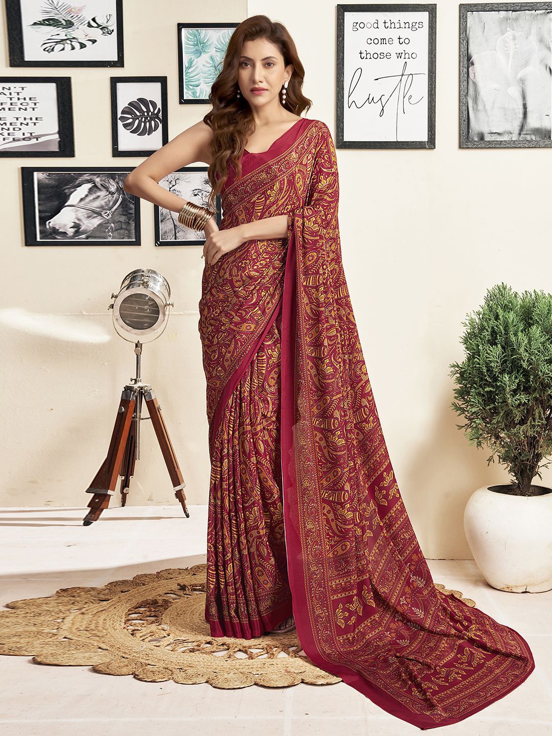 

KALINI Paisley Pure Silk Dabu Saree, Maroon