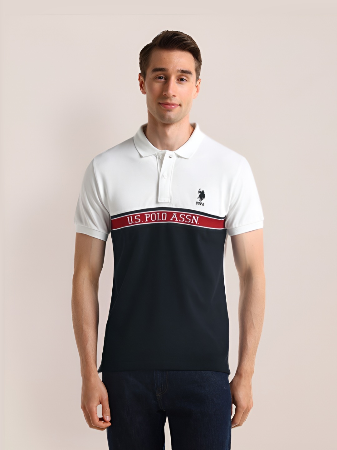 

U.S. Polo Assn. Men Polo Collar Applique Slim Fit T-shirt, White