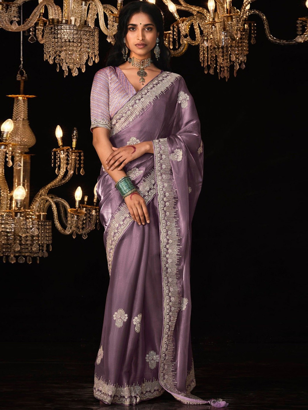 

MySilkLove Embellished Embroidered Tissue Saree, Lavender