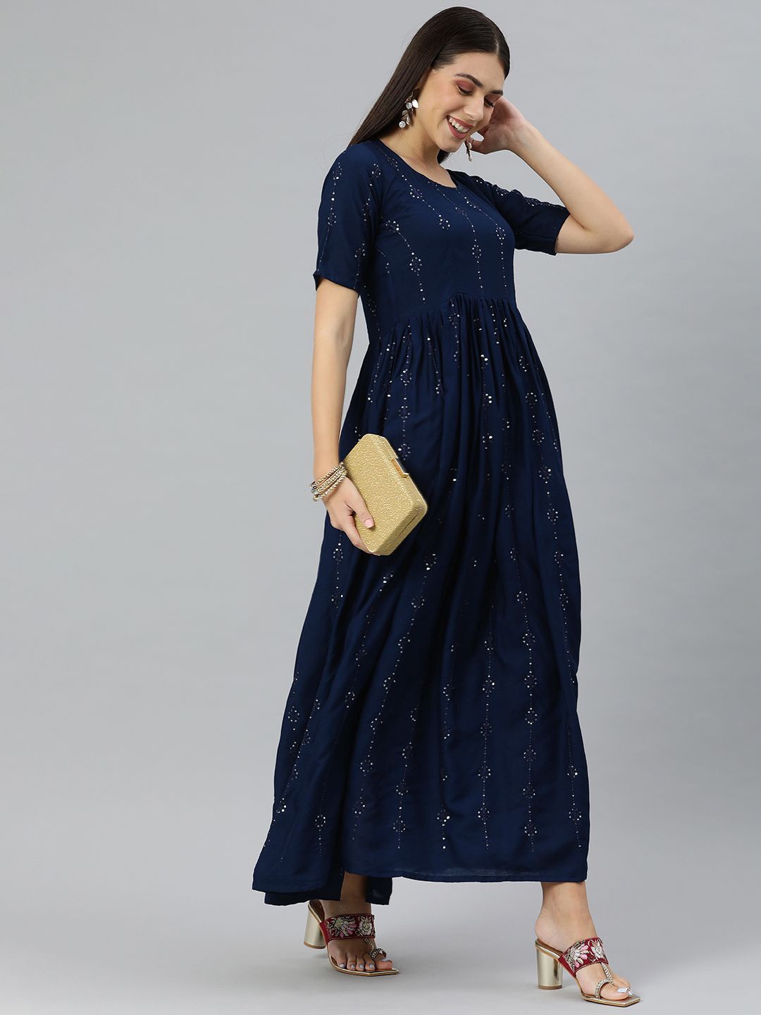 

Swishchick Sequined Embroidered Maxi Dress, Navy blue