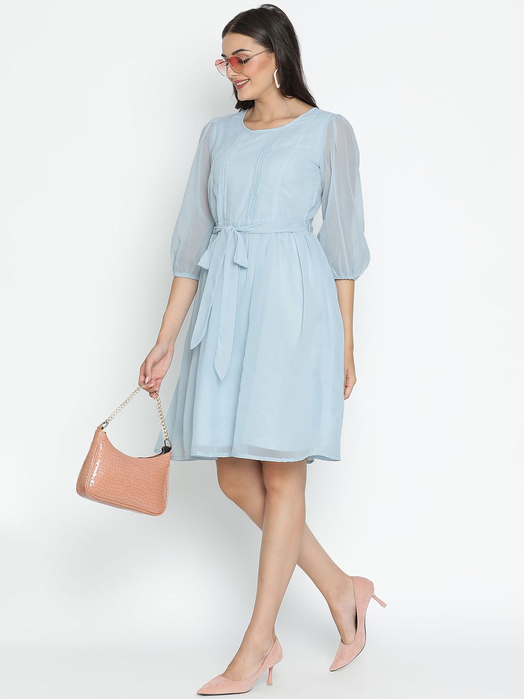 

DRAAX Fashions Women Puff Sleeve Fit & Flare Dress, Blue