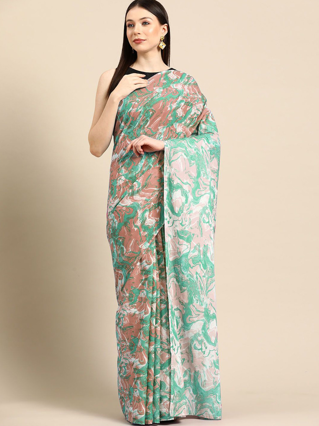 

BUTA BUTI Abstract Printed Pure Cotton Saree, Green