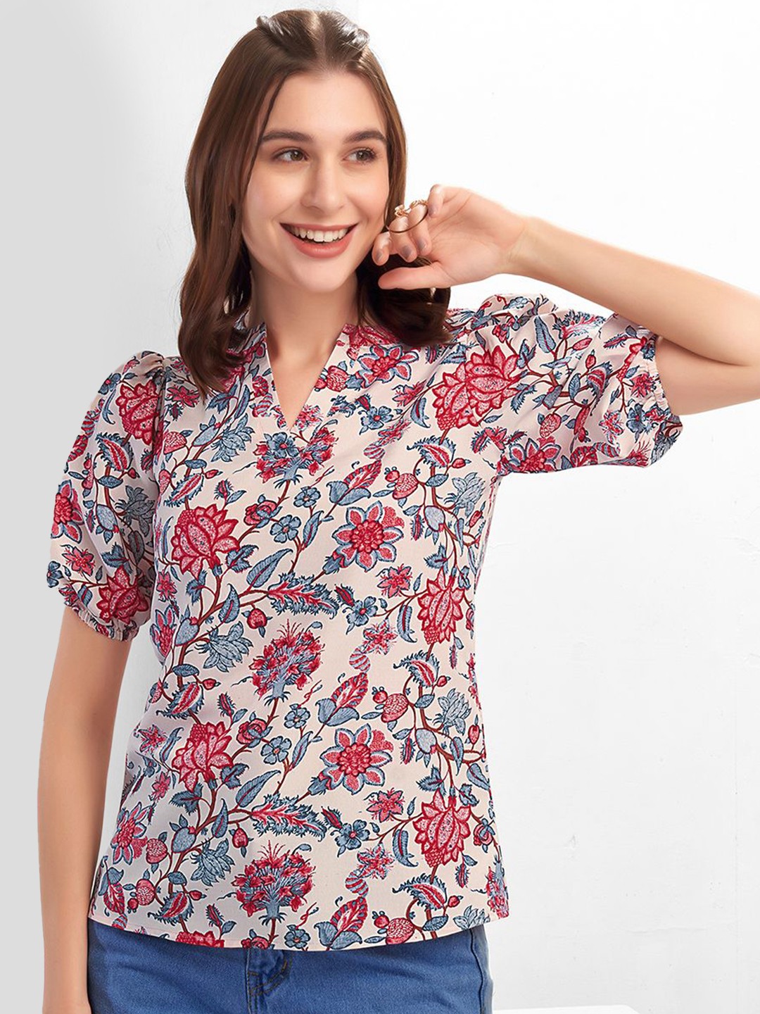 

Selvia Floral Print Mandarin Collar Top, Grey