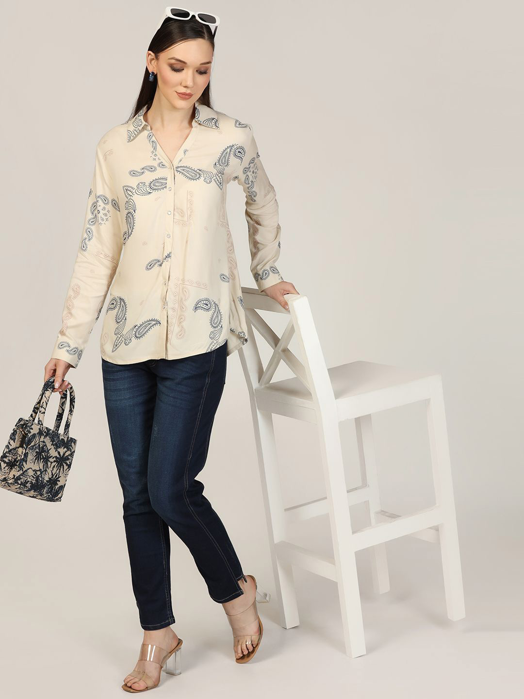 

Mustard Women Spread Collar Printed Casual Shirt, Beige
