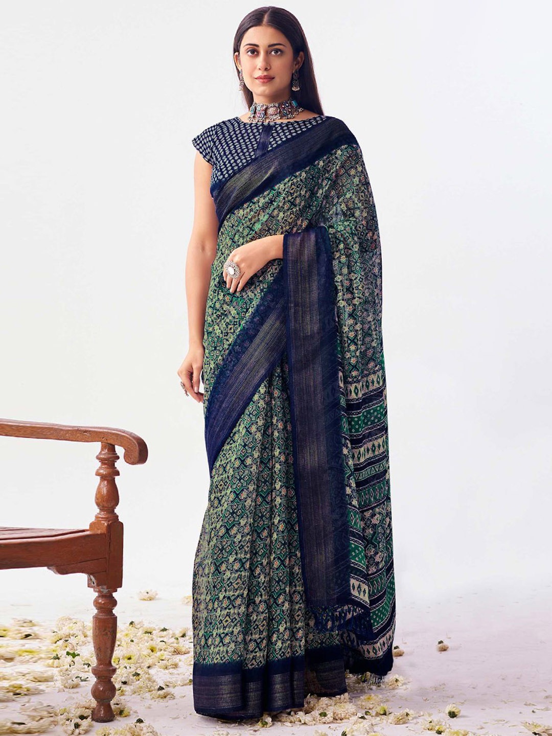 

SANSKAR Ethnic Motifs Printed Zari Saree With Blouse Piece, Blue