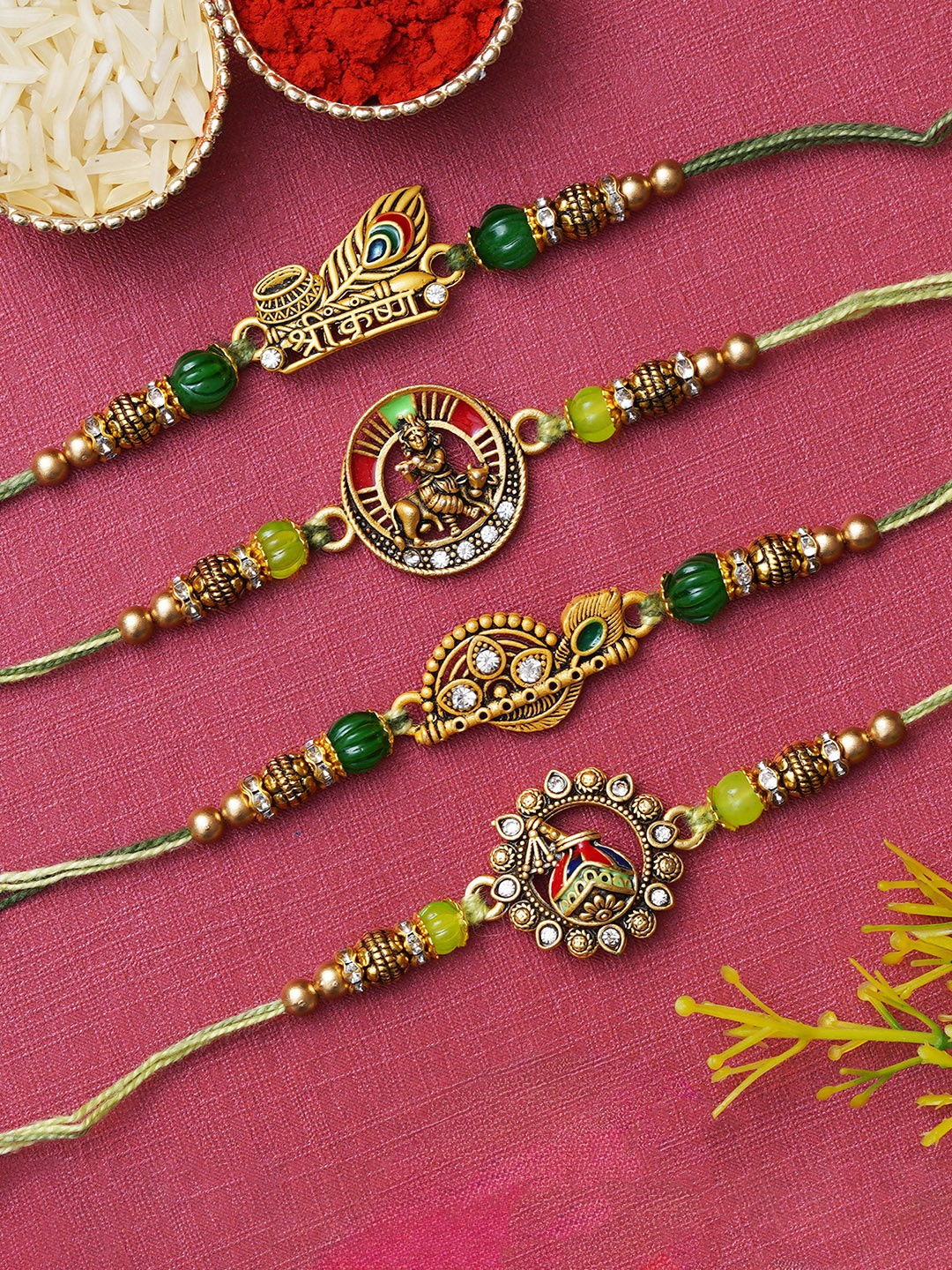 

eCraftIndia Set of 4 Kundan-Studded Designer Rakhis with Roli & Chawal, Green