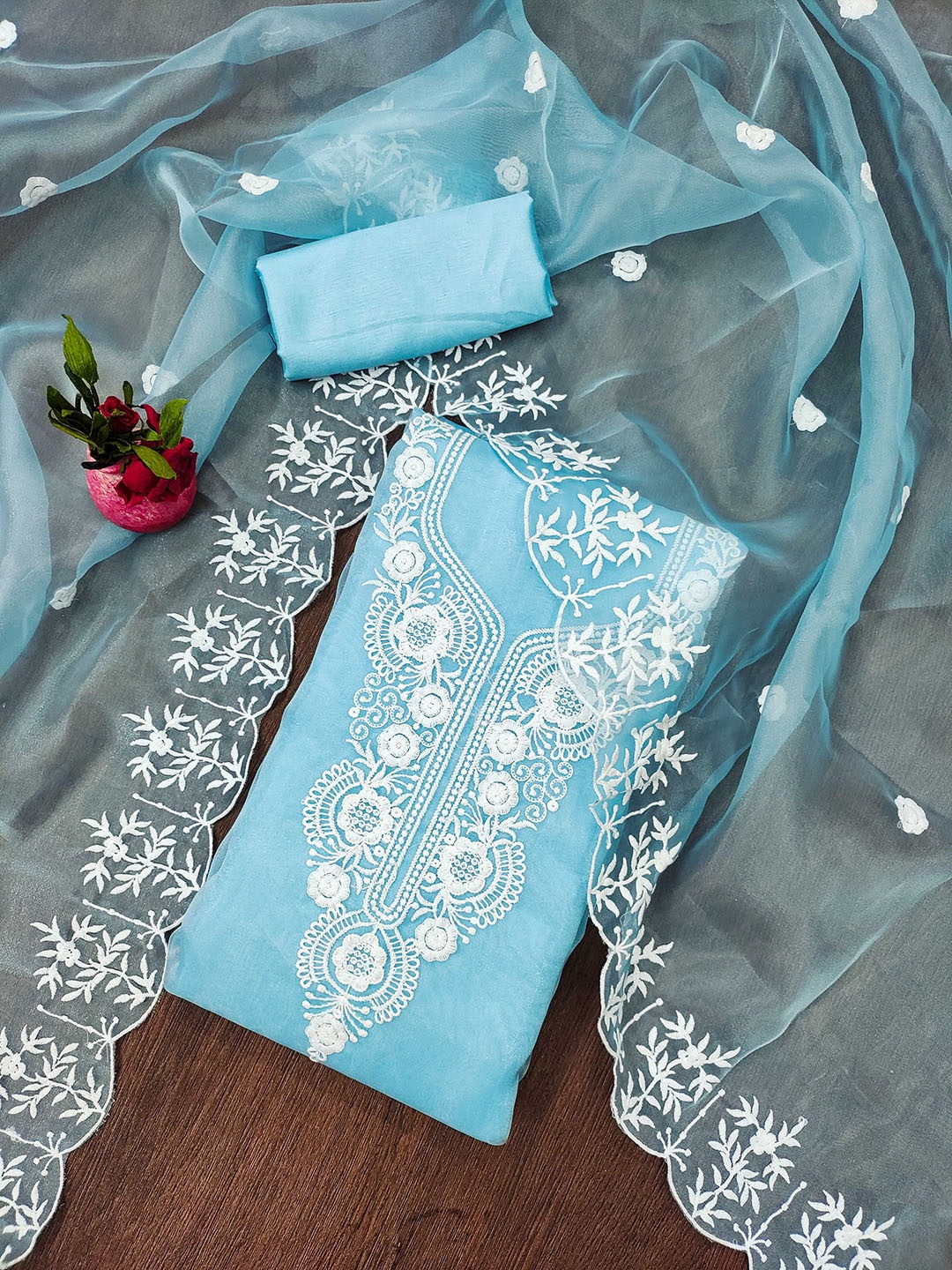 

MANVAA Embroidered Organza Unstitched Dress Material, Turquoise blue
