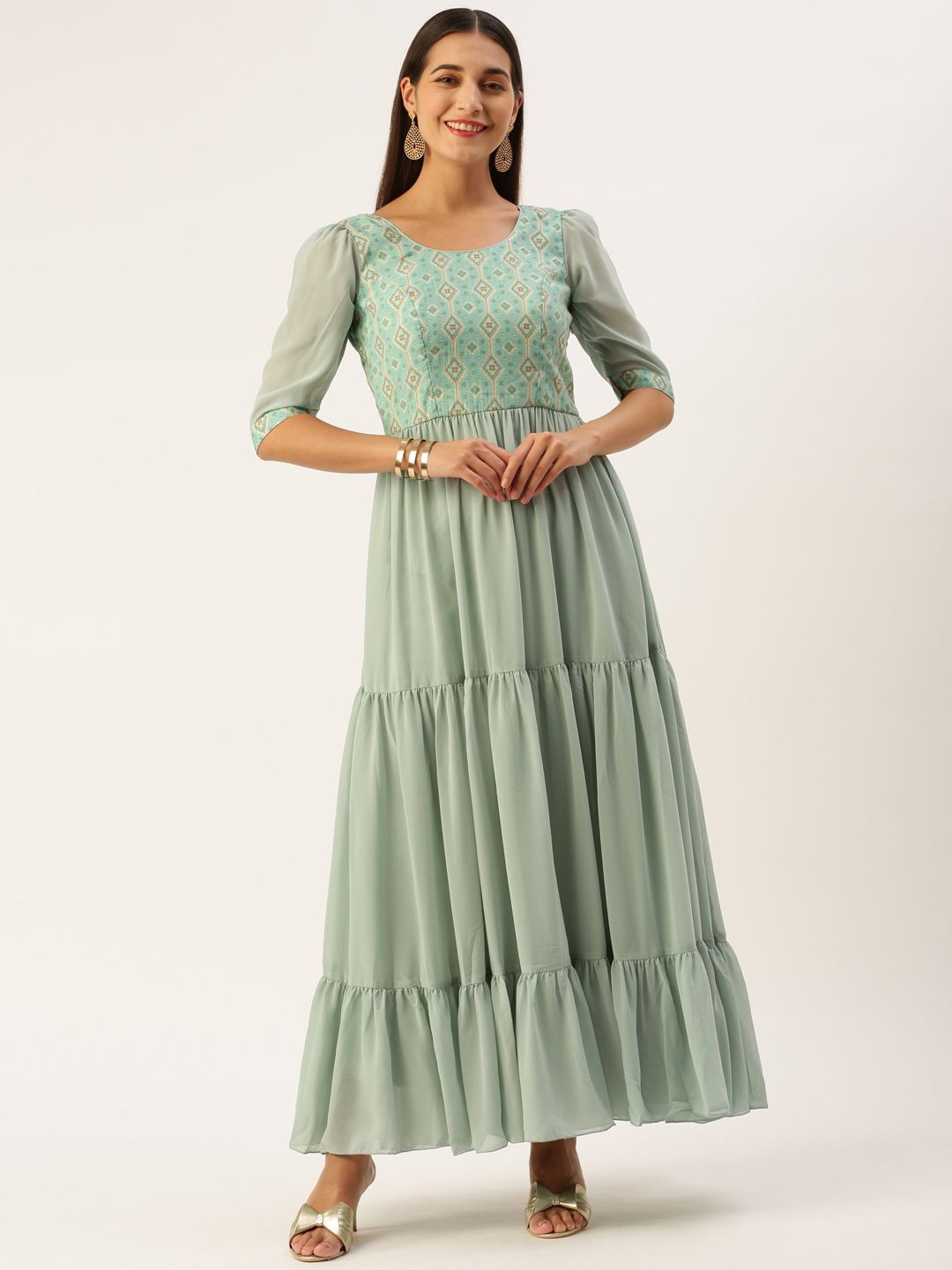 

Ethnovog Printed Puff Sleeve Georgette Maxi Dress, Green