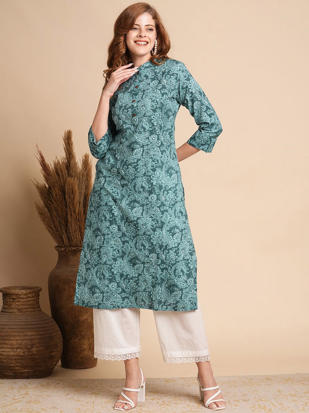 

FASHOR Women Ethnic Motifs Printed Sequinned Kurta, Sea green