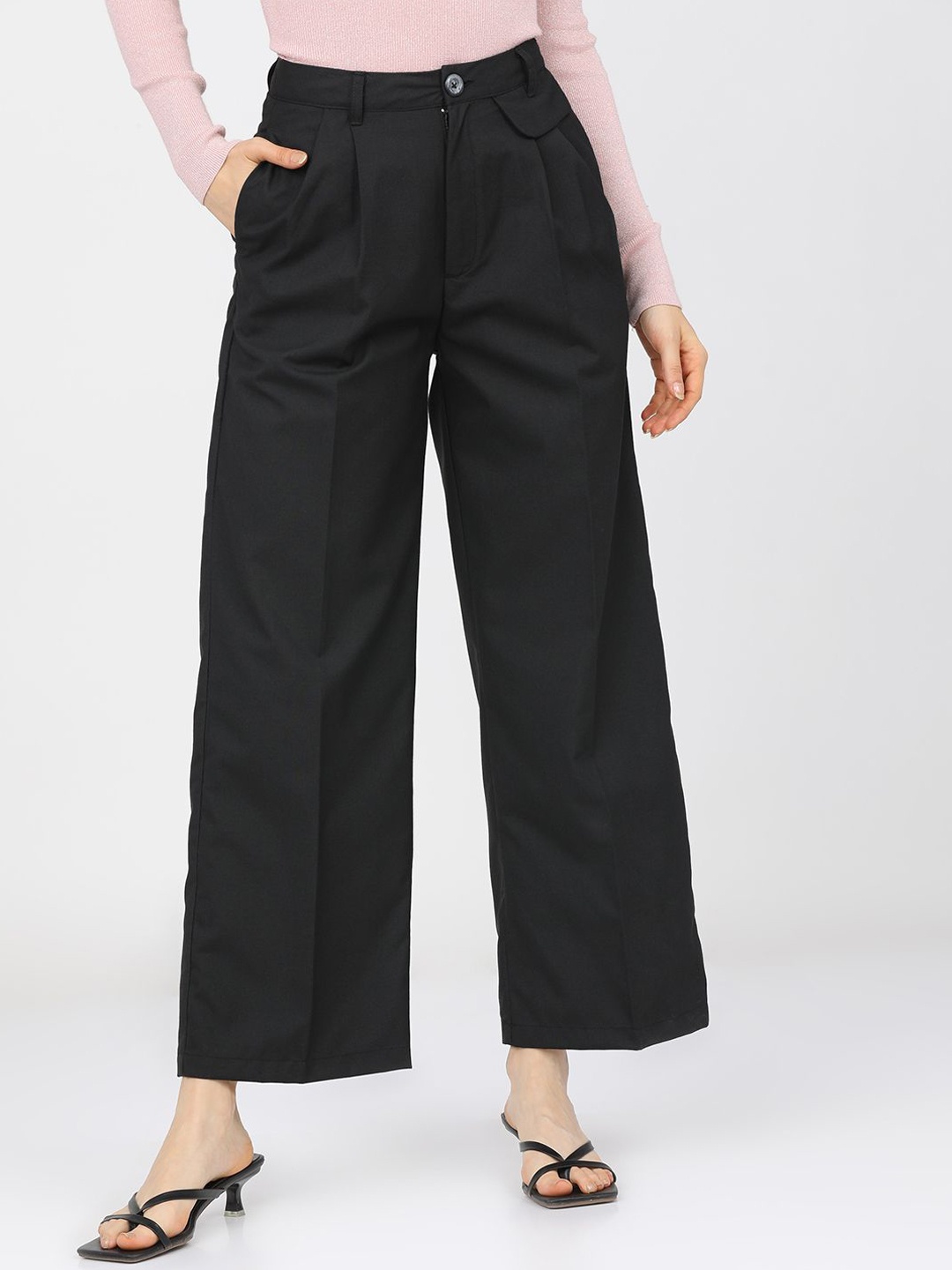 

Tokyo Talkies Women Straight Fit Easy Wash Pleated Trousers, Black