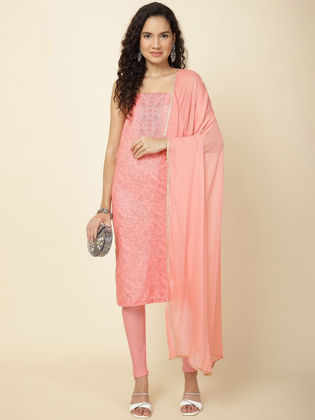 

Meena Bazaar Printed Unstitched Dress Material, Peach