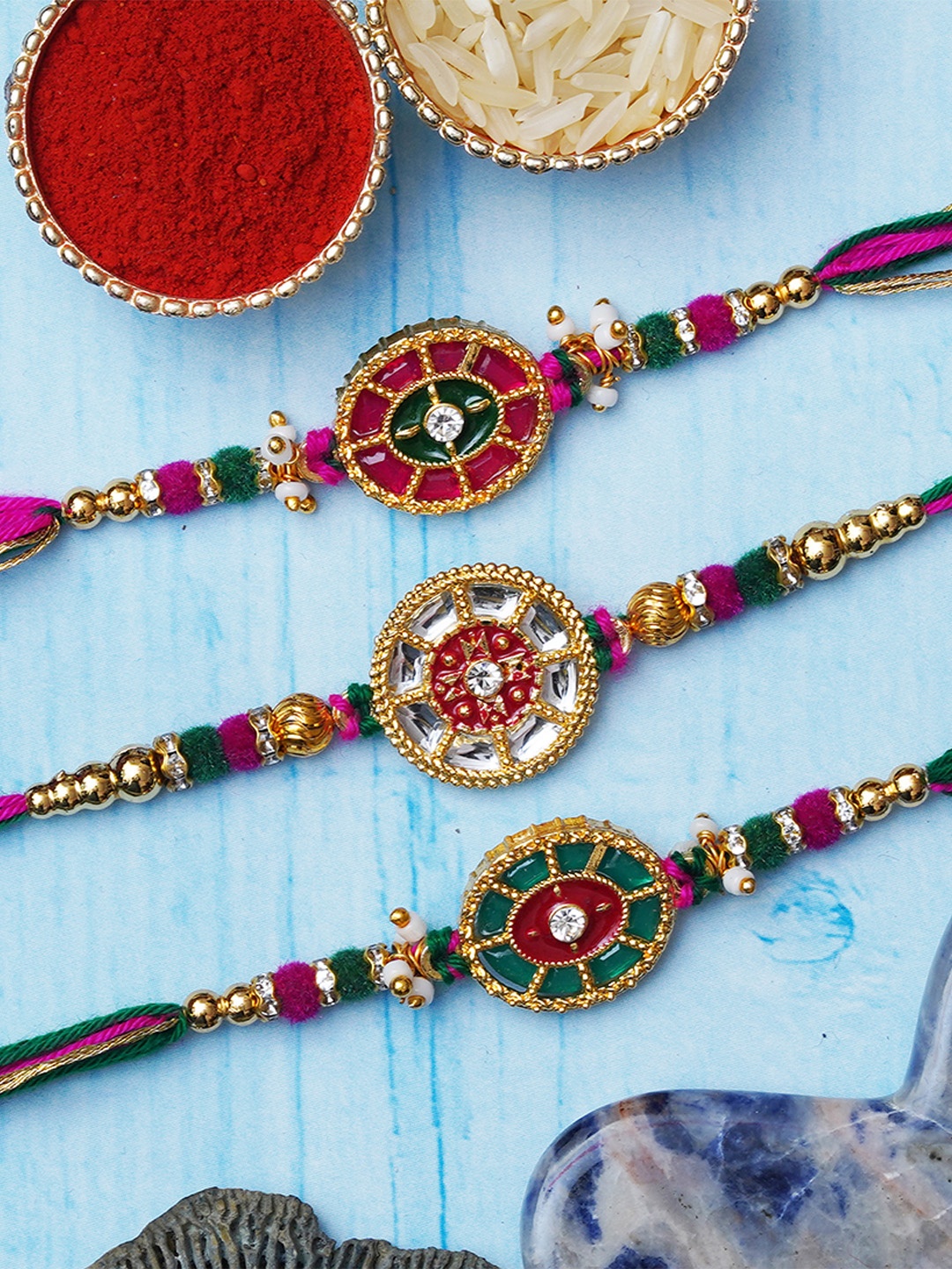 

eCraftIndia Set of 3 Kundan-Studded Rakhis with Roli & Chawal, Red