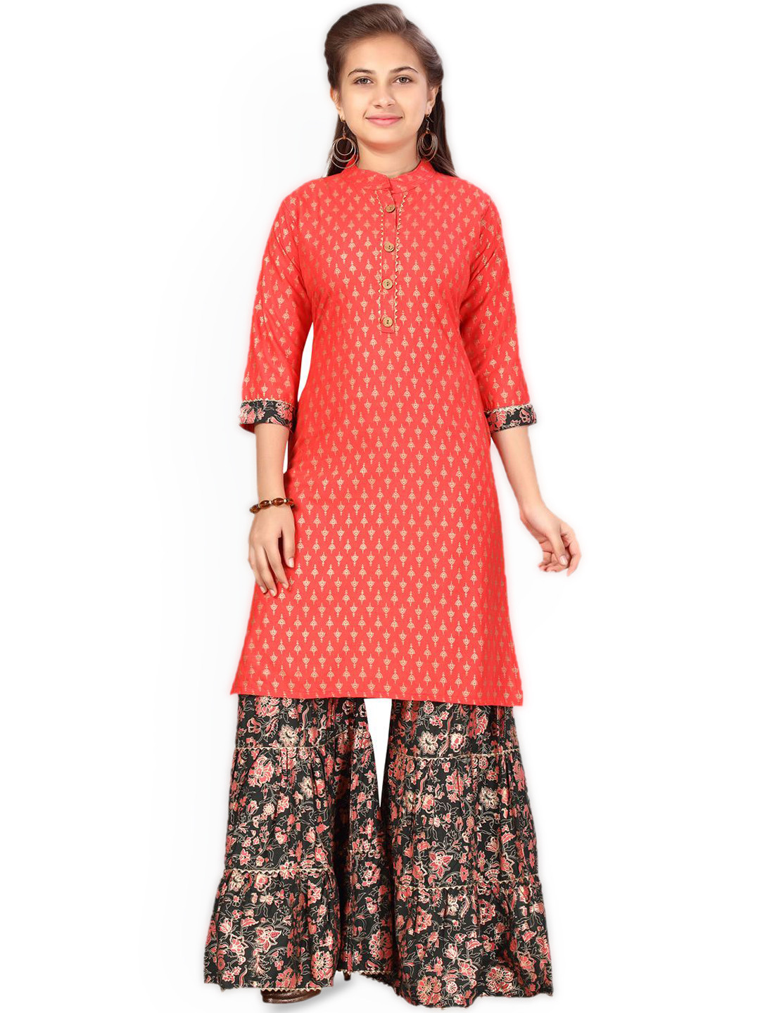 

BAESD Girls Ethnic Motifs Printed Regular Gotta Patti Pure Cotton Kurta with Sharara, Red