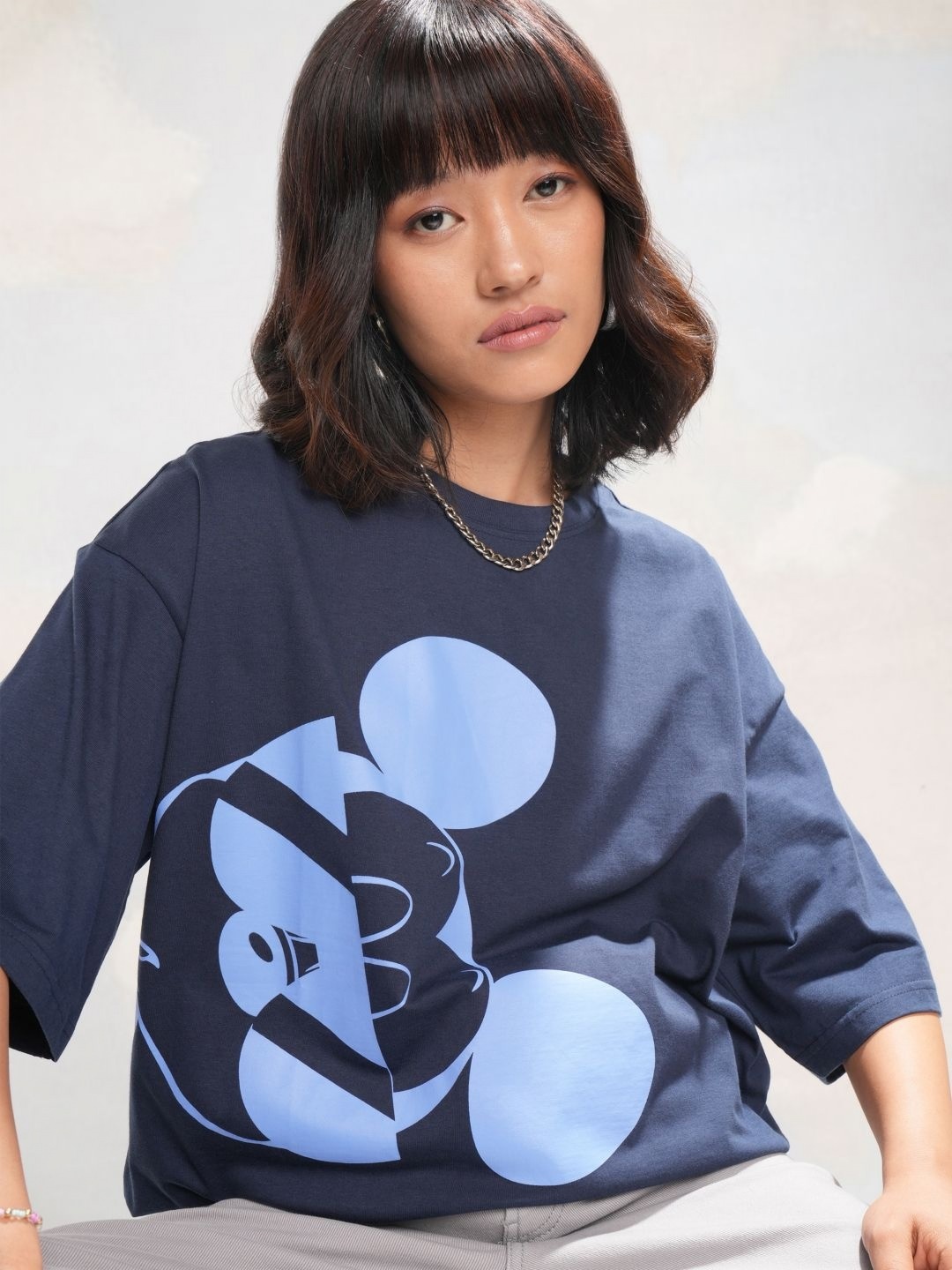 

Tokyo Talkies Women Mickey Mouse Printed Oversized Tshirt, Navy blue