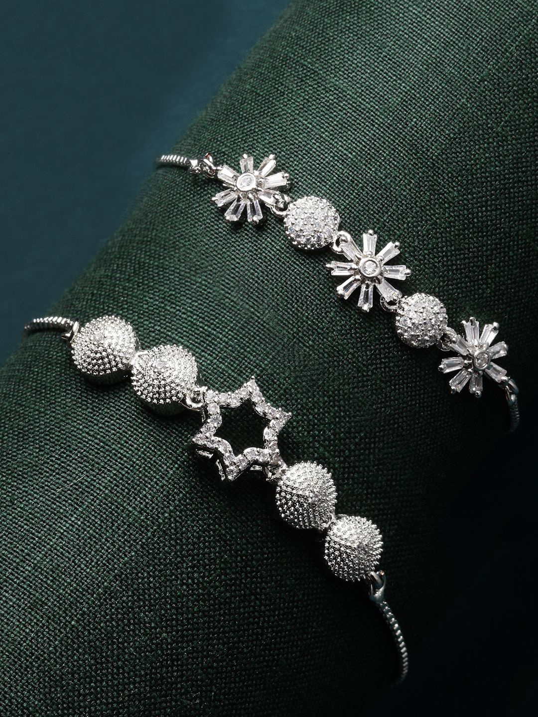 

ZENEME Set Of 2 Rhodium-Plated American Diamond Wraparound Bracelet, Silver
